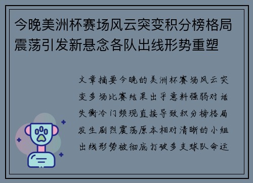 今晚美洲杯赛场风云突变积分榜格局震荡引发新悬念各队出线形势重塑